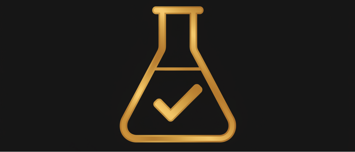 A metallic gold laboratory flask icon with a checkmark inside, centered on a solid black background.
